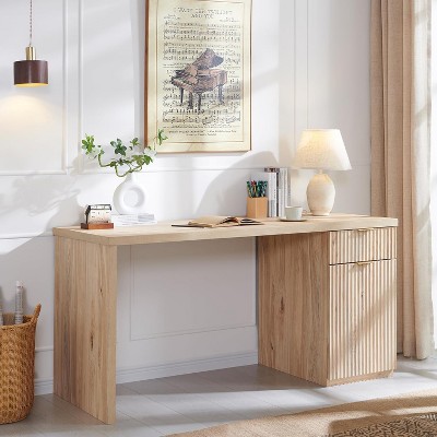 60" Modern Desk with Drawer & Cabinet, Fluted Computer Writing Desk for Living Room, Bedroom