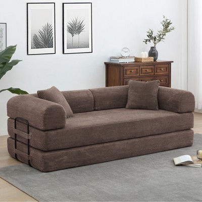Dolonm Foldable Convertible Sofa Bed, Boneless Compression Mattress, Corduroy Sofa with Fixed Frame, Used for Living Room, Bedroom, and Office,Brown