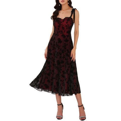 Женские платья INSPIRE CHIC Women's Sleeveless Spaghetti Strap Floral Mesh A-Line Midi Dress Small Black