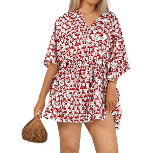 LA LEELA Women's Swim Beach Cover Ups for Swimwear Women Dresses Cover up Mini Christmas Bathing Suit Swimsuit Coverups for Women 3X-4X Red Santa - 1 of 4