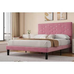 Bed Frame with Button Tufted Headboard - Upholstered Platform Bed with Wooden Slats Support, Velvet Bed Frame, Easy Assembly, No Box Spring Required - 1 of 4