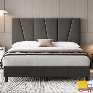 Jojoka Upholstered Bed Frame with Adjustable Headboard, Linen or Velvet Fabric, Wooden Slats, Noise-Free, Easy Assembly - 1 of 4