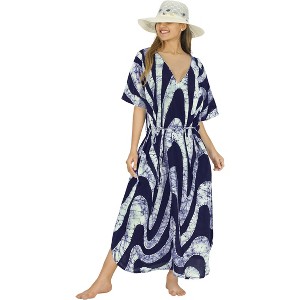 LEELA Women's Summer Maxi Nightdress Cover Up Gown Caftan Loungewear Dashiki House Dresses for Women 3X-4X Blue, Abstract - 1 of 4