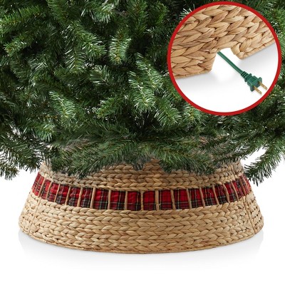 Natural Hyacinth Woven Christmas Tree Collar with Tartan Plaid Ribbon