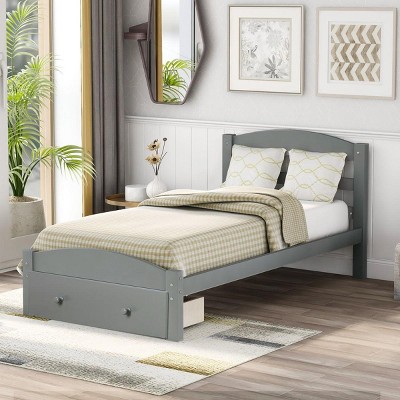 Streamdale Platform Twin Bed Frame With Storage Drawer And Wood Slat Support Gray