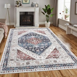 Washable Large Area Rug 9'x12' Vintage Distressed Non Slip No-Shedding Backing Floor Cover Soft Low Pile Foldable Floral Medallion Print Accent Throw - 1 of 4
