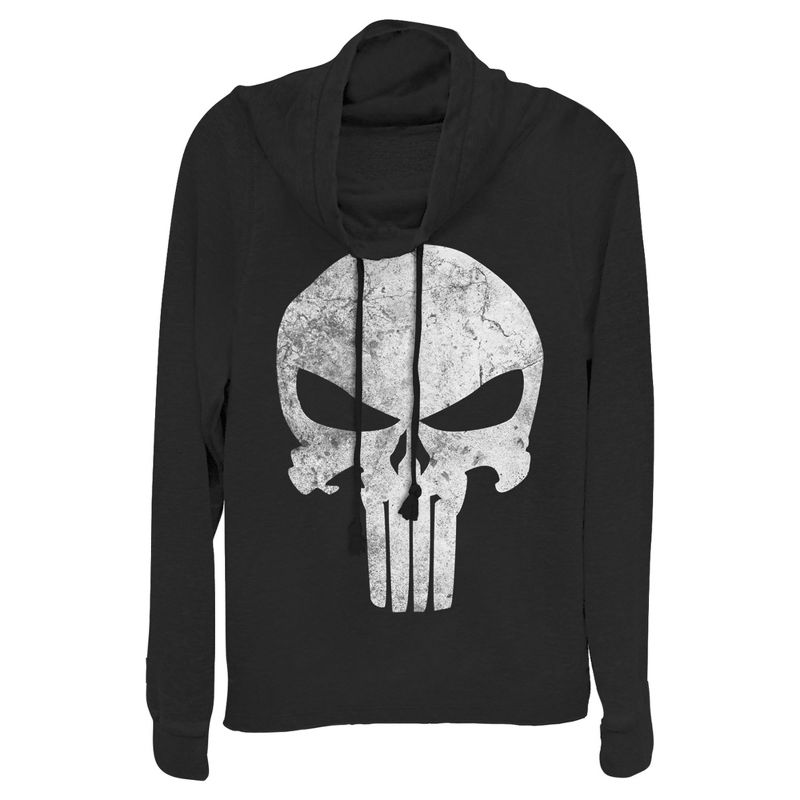 Juniors Womens Marvel Punisher Retro Skull Symbol Cowl Neck Sweatshirt, 1 of 4