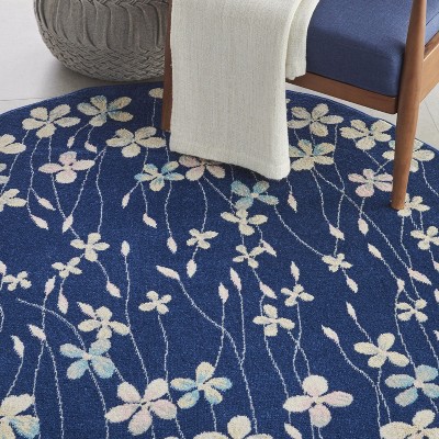 Handmade Navy Floral Viscose Round Area Rug, 63" Diameter