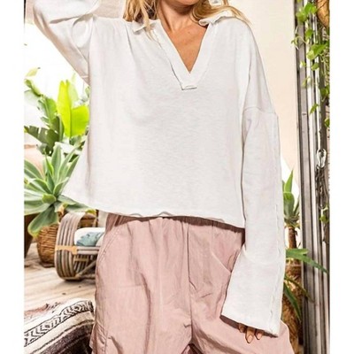 Women's Oversize Polo Long Sleeve Solid Top - BUCKETLIST