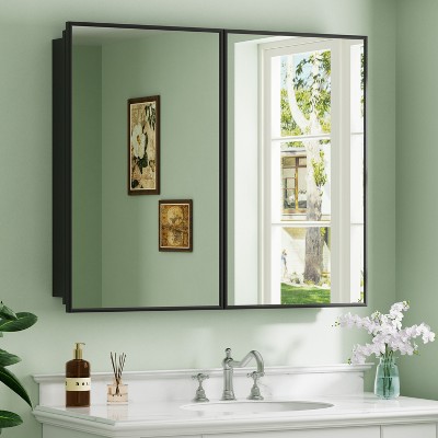 Elise Medicine Cabinet with Mirror, Surface or Recessed Bathroom Medicine Cabinet, Adjustable Tempered Glass Shelves, Reversible, Black