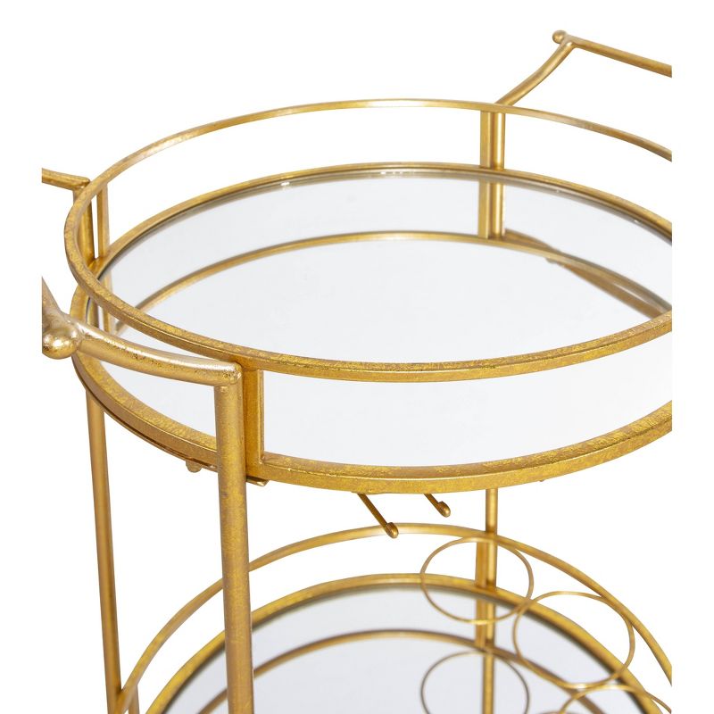 Round Metal Frame 2 Mirrored Glass Shelves 3 Glass and 3 Bottle Holders Locking Wheels Bar Cart Gold - Linon, 6 of 11