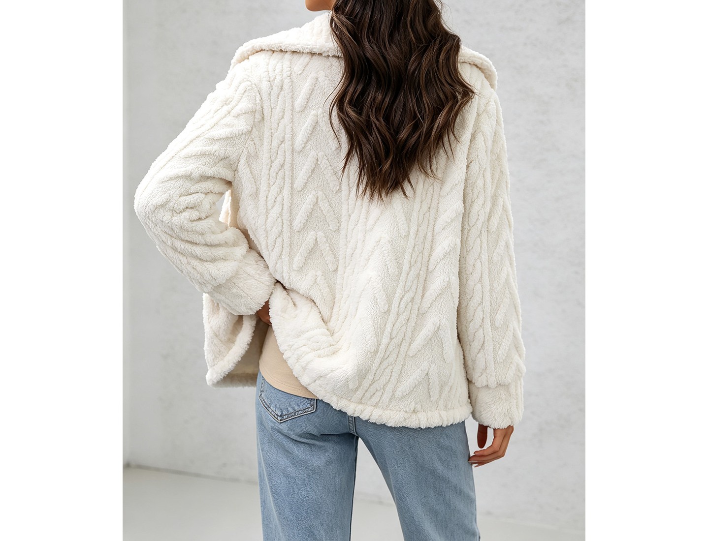 Женская куртка YesFashion Lapel Collar Long Sleeve Fleece Jacket Button Front Relaxed Straight Fit Casual Outerwear Coat Off-white, цвет: Белый — фото 2
