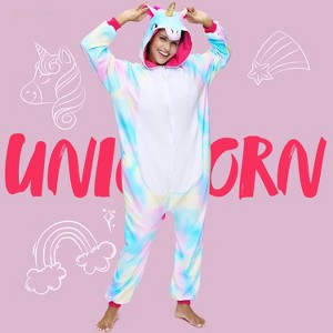 Joyfy Unisex Adult Pajama Plush Jumpsuit One Piece Blue Colorful Unicorn Animal Costume for Halloween Cosplay Themd Party - 1 of 4