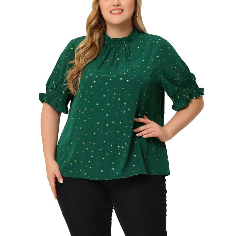 Agnes Orinda Women's Plus Size Bling Pleated Keyhole Back Star Print Puff Sleeve Blouses, 1 of 7