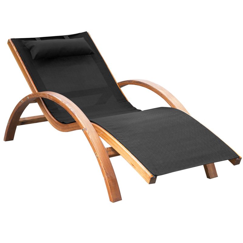 Outsunny Outdoor Chaise Wood Lounge Chair with Pillow, Armrests, Breathable Sling Mesh and Comfortable Curved Design for Patio, Deck, and Poolside, 1 of 7