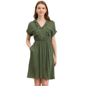 Allegra K Women's Notched Lapel Elastic Waist Pocket A-Line Safari Shirt Dresses - 1 of 4
