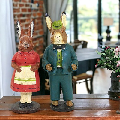 Vintage-Inspired Resin Rabbit Couple Figurines in Red and Blue