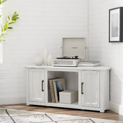 Whitewash Corner TV Stand with Cabinets and Open Storage