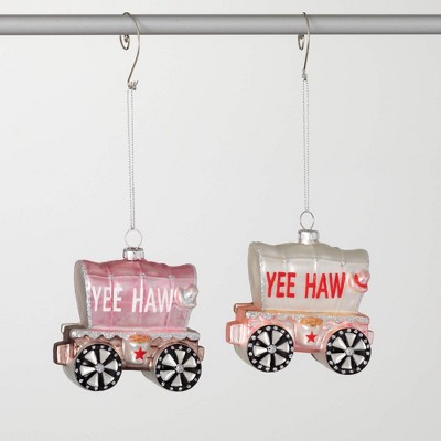 4"H Sullivans Pink Wagon Train Christmas Ornaments Set of 2, Multicolor, Christmas Tree Decor