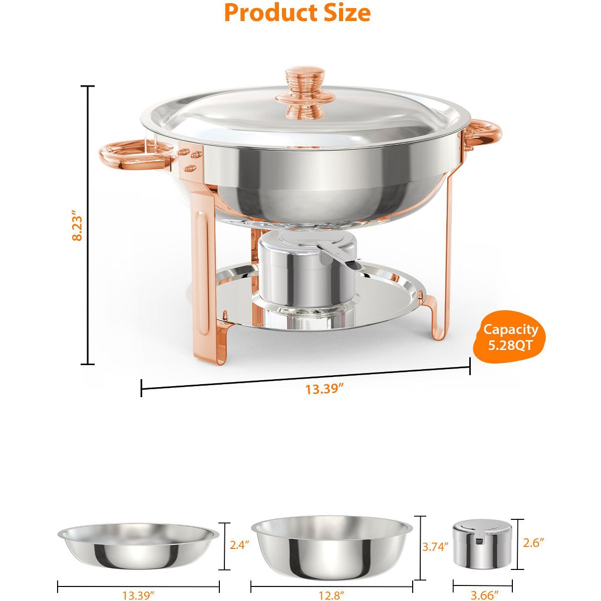 6-Pack 5QT Round Stainless Steel Chafing Dishes Set with Lid Holder & Cover - Buffet Warmers for Parties/Festivals/Weddings - thumbnail 2