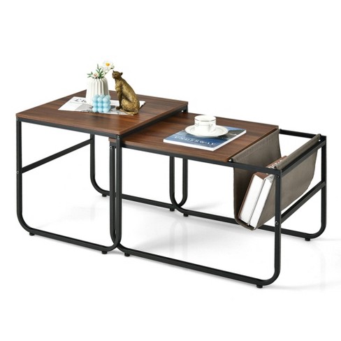 Costway Nesting Coffee Table Set Of 2 Industrial Stackable Side Table W/  Magazine Holder : Target