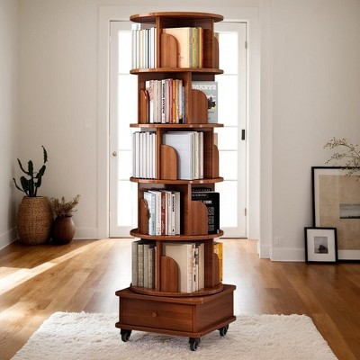 Vynxaria 360 Rotating Bookshelf: 6-Tier Corner Storage Rack with Wheels for Small Spaces in Walnut Brown