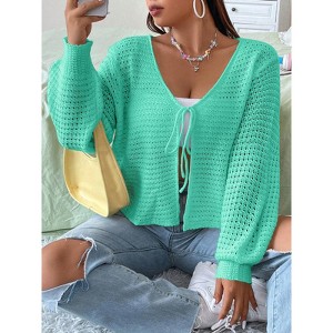 Women's Plus Size Cardigan Hollow Out Open Knit Sweater Ladies Fall Front Tie Shrug - 1 of 4