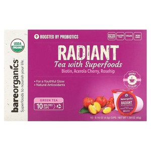 BareOrganics Radiant, Tea with Superfoods, Green Tea, 10 Cups, 0.16 oz (4.5 g) Each - 1 of 3