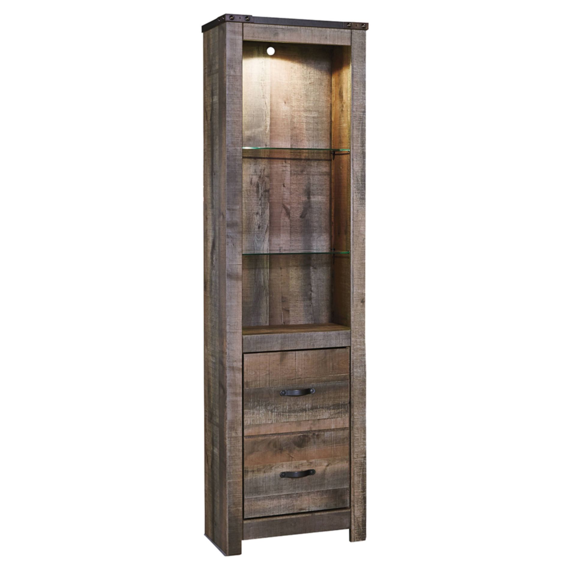 Trinell Pier - Signature Design by Ashley: Rugged Industrial Bookcase with Metal Banding & Nailhead Accents
