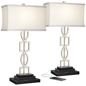 360 Lighting Evan Modern Table Lamps Set of 2 with Black Risers 28 1/2" Tall Brushed Nickel with USB Charging Port White Shade for Bedroom Living Room - 1 of 4