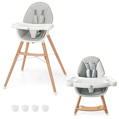 Image of Babyjoy Baby High Chair Wooden Feeding Chair with 4-Gear Tray & Removable Cushion Grey