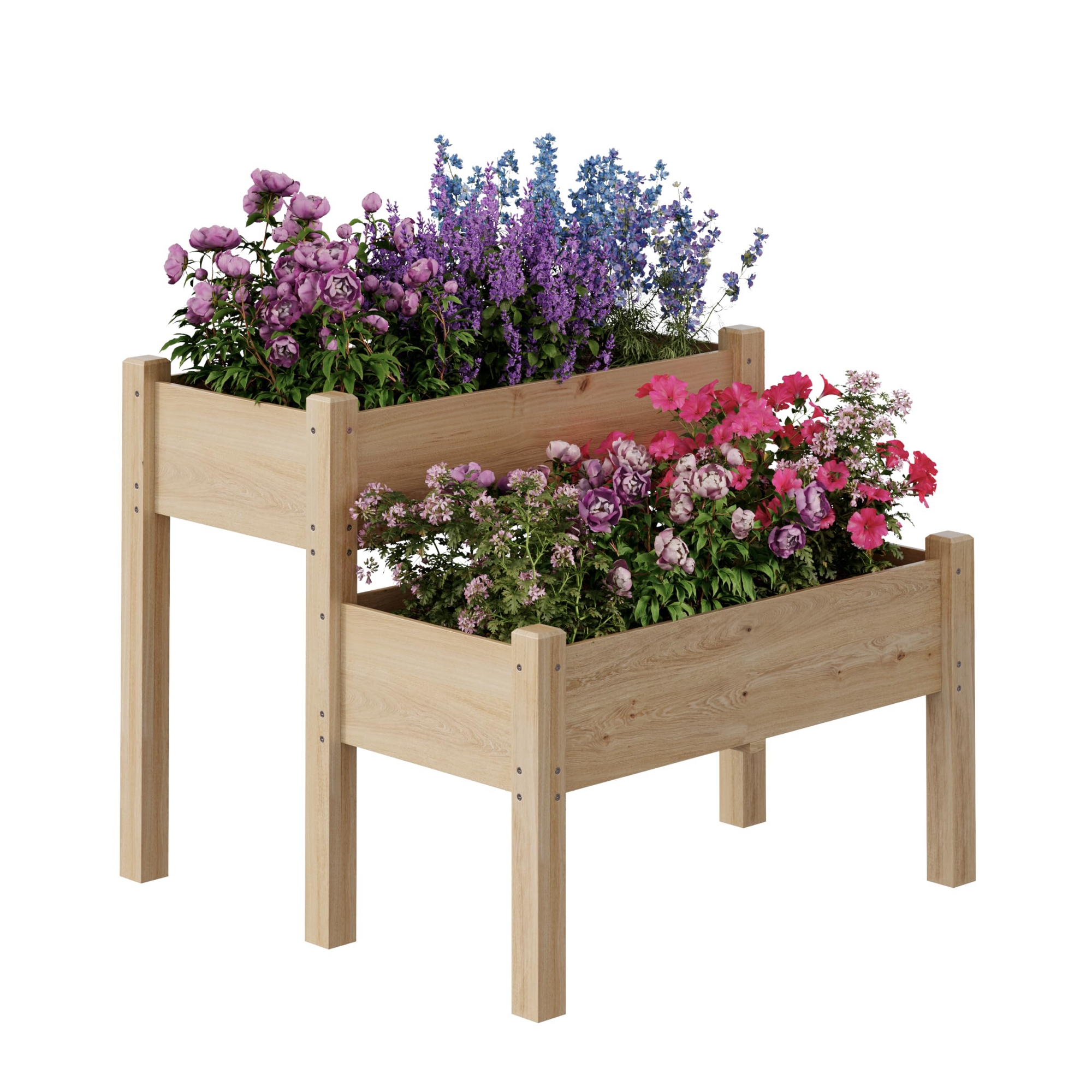 Two-Tier Wooden Raised Garden Bed 34x34x29 Inch with Legs, Elevated Outdoor Planter for Vegetables Herbs Flowers