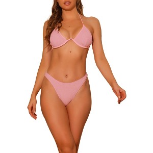 Elerevyo Women's Halter Underwire Ribbed Double Straps Tie Back Triangle Bottoms Swimwear Bikini Sets 2 Pcs - 1 of 4