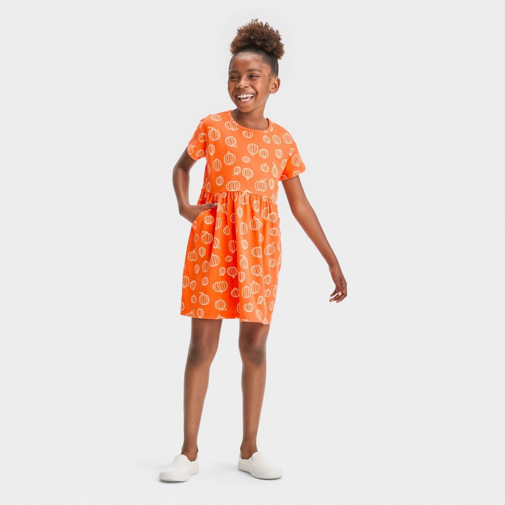 Girls' Relaxed Fit Short Sleeve Halloween Dress - Cat & Jack™ Orange S