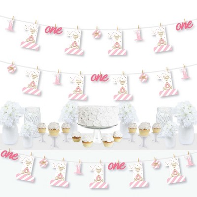 Big Dot of Happiness 1st Birthday Little Princess Crown - Pink & Gold Princess First Birthday Party DIY Decor - Clothespin Garland Banner - 44 Pieces