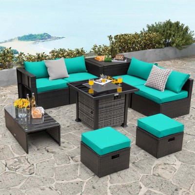 Costway 9 Pieces Patio Furniture Set with 50,000 BTU Propane Fire Pit Table Black/Gray/Navy/Red/White/Turquoise