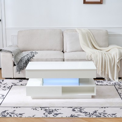 Airsurfer 48-inch Glossy White Coffee Table Modern LED Coffee Table Living Room Centerpiece for Contemporary Living Rooms