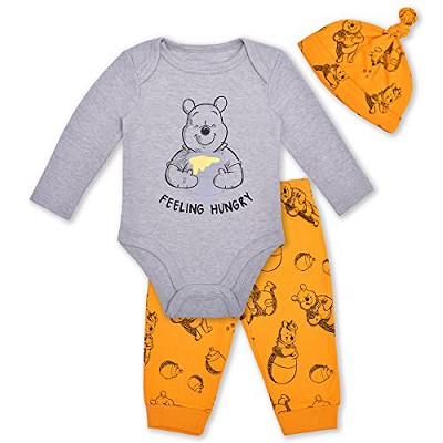 Disney Boy's Winnie the Pooh 3 Piece Coordinates, Graphic Printed Long Sleeve Bodysuit, Cap, and Jogger Pants Set - Gray, Orange / Size 9M