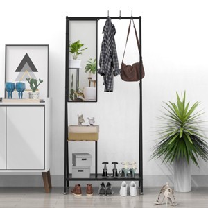 SEVOBAL Coat Rack with Mirror and Shoe Storage for Entryway and Bedroom Organization in Industrial Style, Black, 73"*32"*15" - 1 of 4