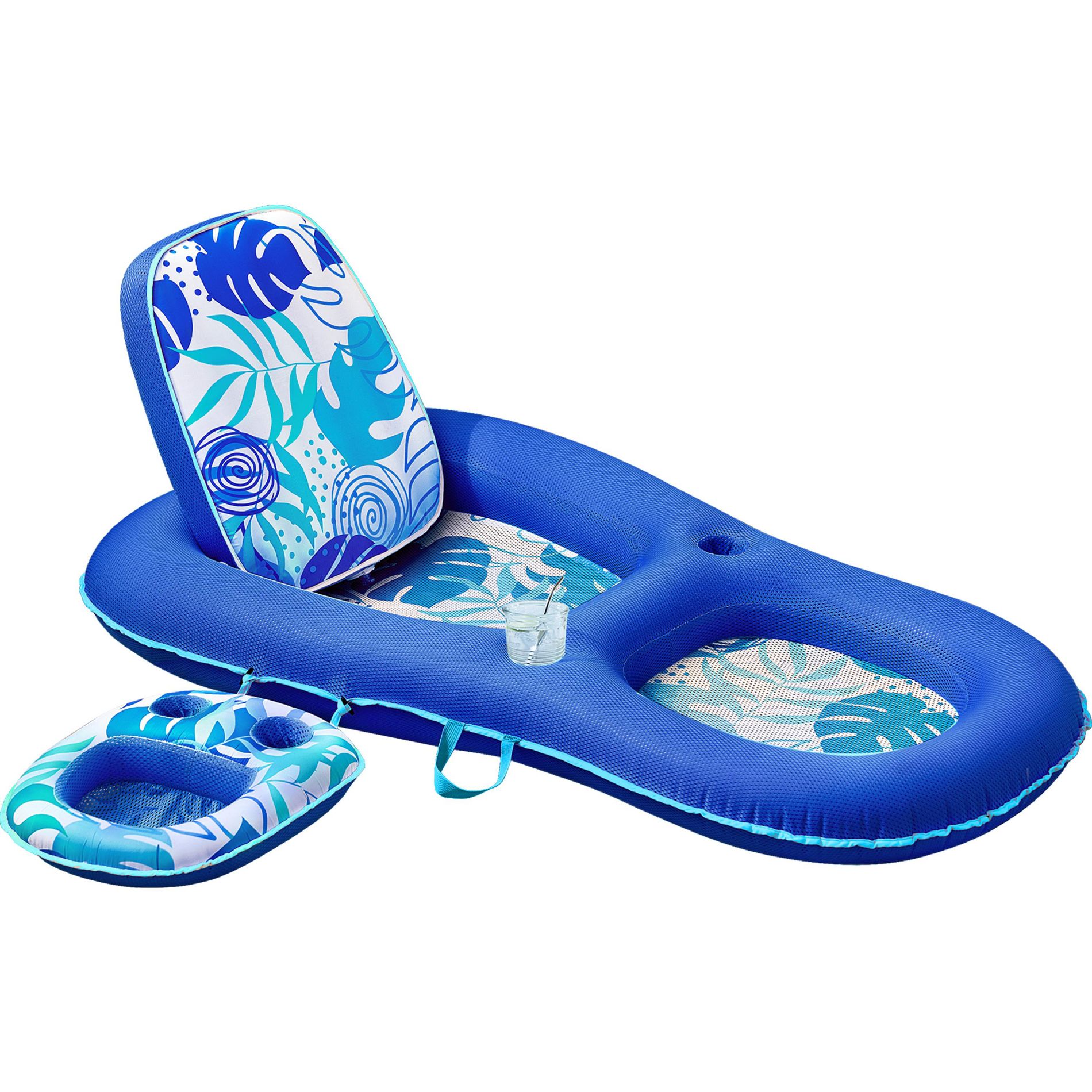 Joyfy Adjustable Backrest Inflatable Pool Float Lounger, Pool Floaties for Adult, 2-in-1 Convertible Water Recliner/Bed with Cup Holders(Dark Blue)