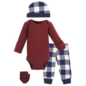Hudson Baby Boys Thermal Preemie Layette Set 4pc Long Sleeve Outfit, Navy Plaid, Preemie - 1 of 4