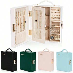 Travel Jewelry Case, Portable Bangle Box with Mirror, PU Leather Watch Organizer for Rings, Earrings, Necklaces, Bracelets White - 1 of 4