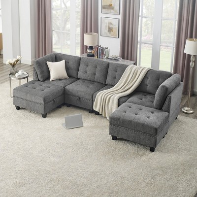 116" Chenille Upholstery U-Shaped Modular Sectional Sofa with 6 Storage Seats, 6-piece DIY Combinations Sofa