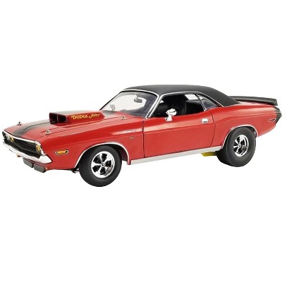1970 Dodge Challenger R/T "Dodge Fever" Bright Red with Black Stripes and Black Vinyl Top 1/18 Diecast Model Car by ACME