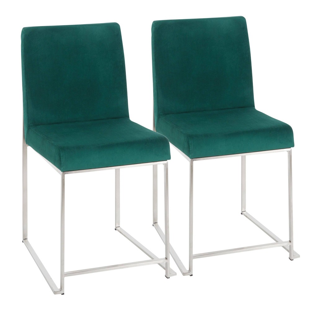 Set of 2 High Back Fuji Contemporary Dining Chairs Stainless Steel/Green Velvet - LumiSource: Upholstered, Floor Protectors, 250lb Capacity