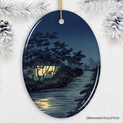 Semi-Traditional Japanese Painting Ornament, Kiyochika Kobayashi Fireflies on the Kinu River | OrnamentallyYou