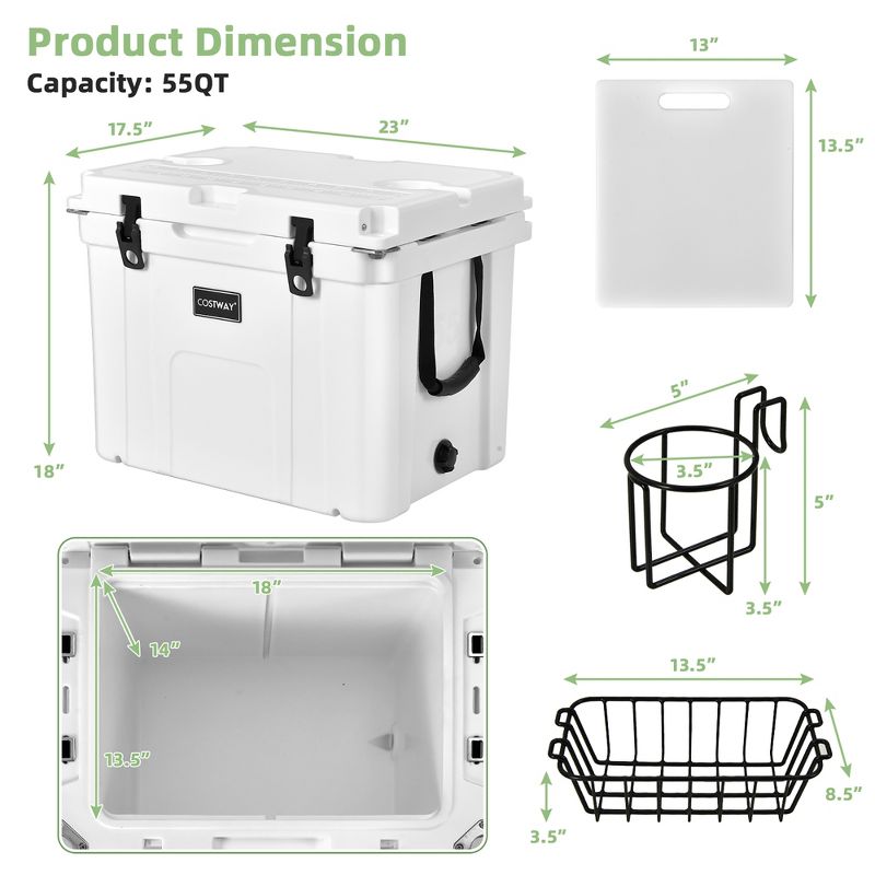 Costway 55 Quart Cooler Portable Ice Chest w/ Cutting Board Basket for Camping White, 4 of 11