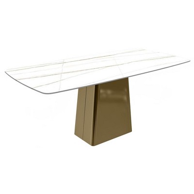LeisureMod Quinix Modern Rectangular Dining Table for 4 to 8 People with Glass/Sintered Stone Top and Gold Stainless Steel Base