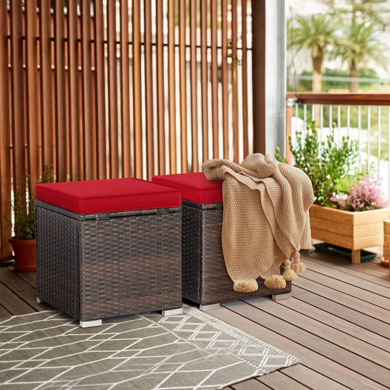 Tangkula 2 Pieces Patio Ottoman Outdoor Wicker Footstool Storage Box Side Table w/ Solid Metal Frame Additional Seating w/ Removable Cushions Beige/Off White/Red/Turquoise/Gray/Navy, 2 of 8