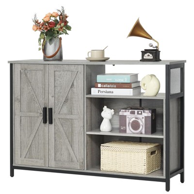 USIKEY Floor Storage Cabinet, Buffet Storage Cabinet with 2 Barn Doors, Industrial Sideboard with Adjustable Shelves, Buffet Table for Dining Room